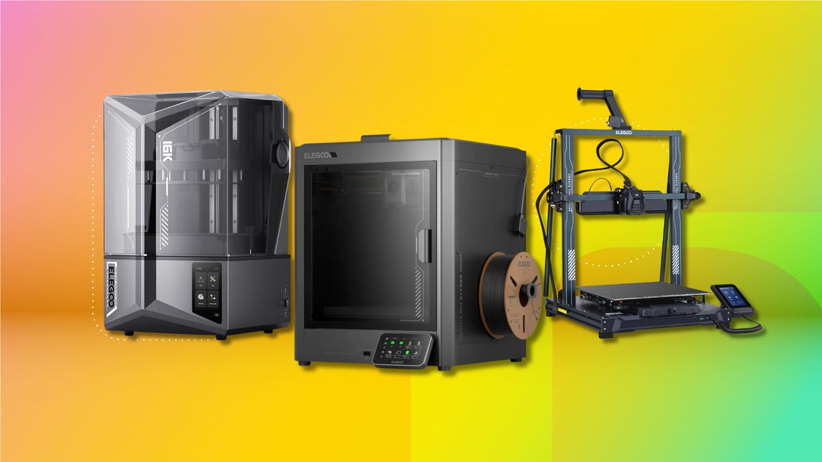 Three Elegoo 3D printers are displayed against a gradient orange background.