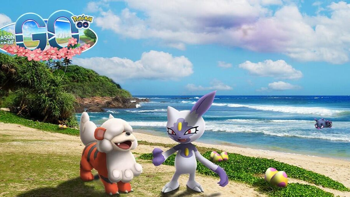 Hisuian Growlithe and Sneasel on a shore
