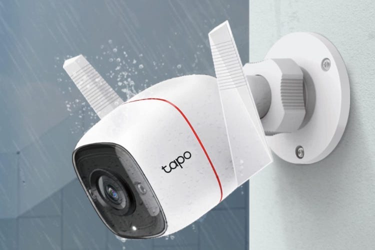 The Tapo C310 camera mounted on outside trim with graphics of rain falling on it.
