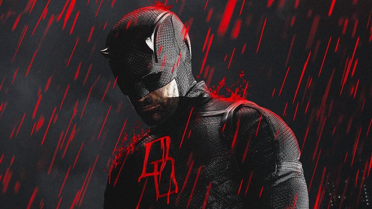 Key art for Daredevil: Born Again showing a colored illustration of Charlie Cox in the superhero suit with red rain falling down on him.