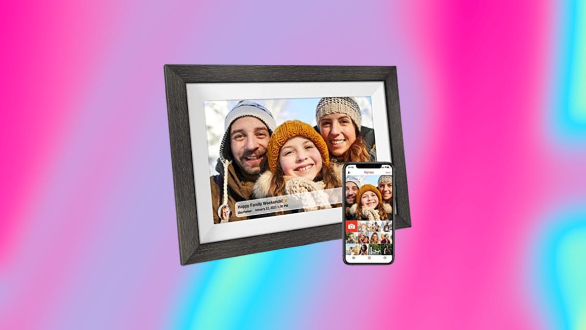 Jazeyeah digital photo frame displayed next to phone showing app for use against a gradient hot pink and sky blue background.