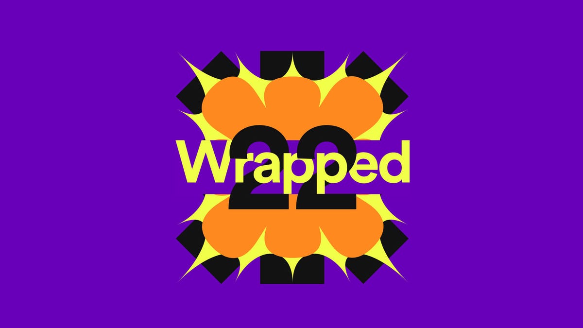Spotify's 2022 Wrapped logo is a highly graphical starburst shape with "22 Wrapped" integrated into it.