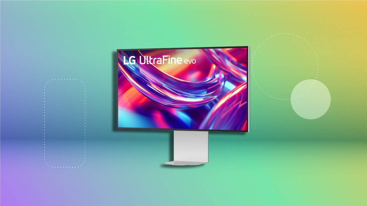 LG UltraFine evo monitor with thin bezel and sturdy stand, displaying vibrant abstract swirls in purple, pink and blue. ‘LG UltraFine evo’ text appears on screen. Set against a colorful gradient background.