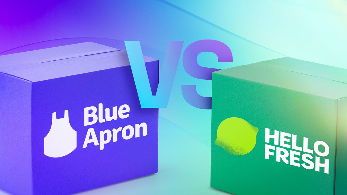 a purple box that says blue apron and a green box that says HelloFresh on a blue and purple gradient background