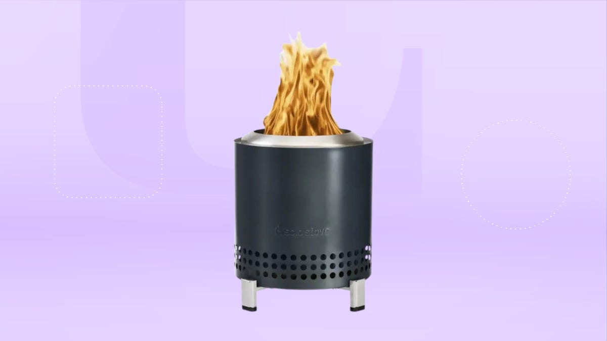 Shows the Solo Stove Mesa XL Firepit on a lilac background.