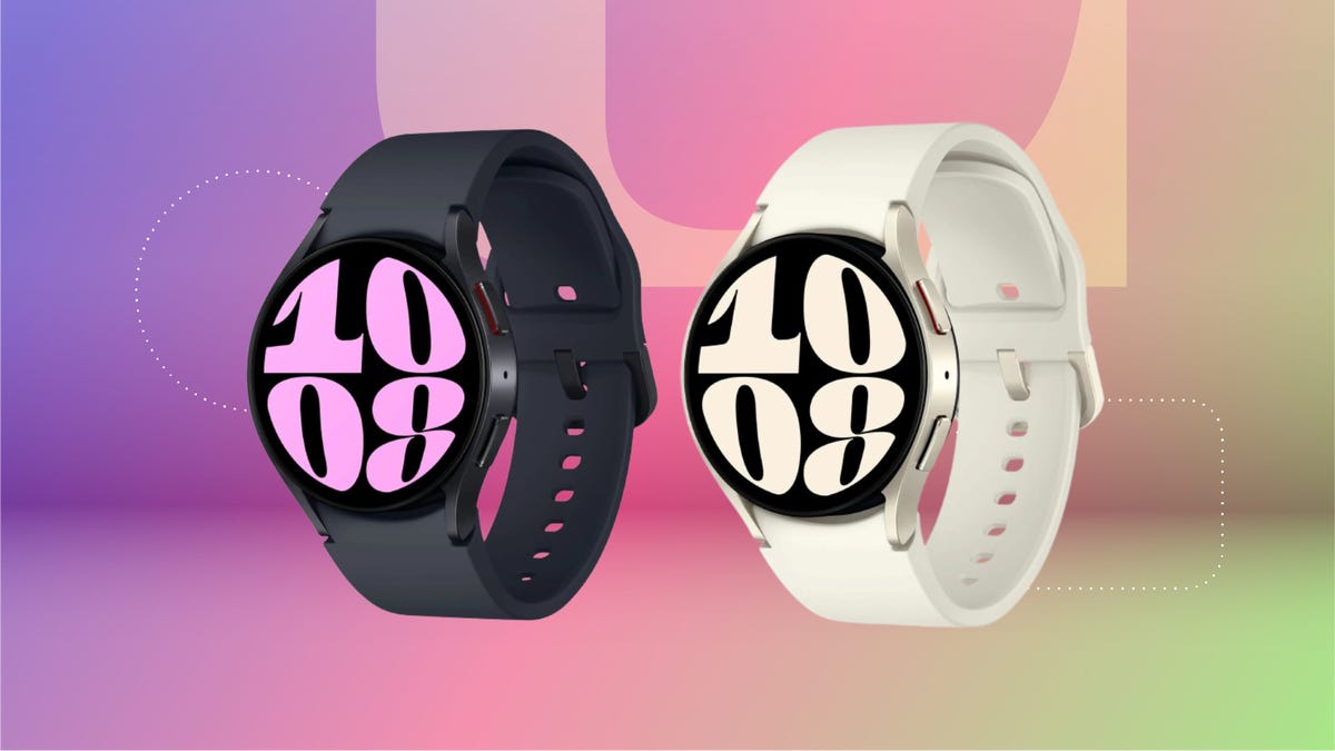 Samsung Galaxy Watch 6 cream and black on pink/purple gradient