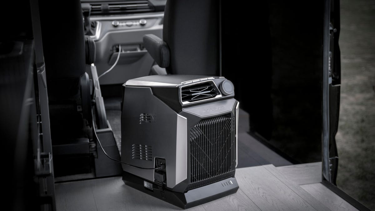EcoFlow Wave Portable Air Conditioner plugged into a dashboard