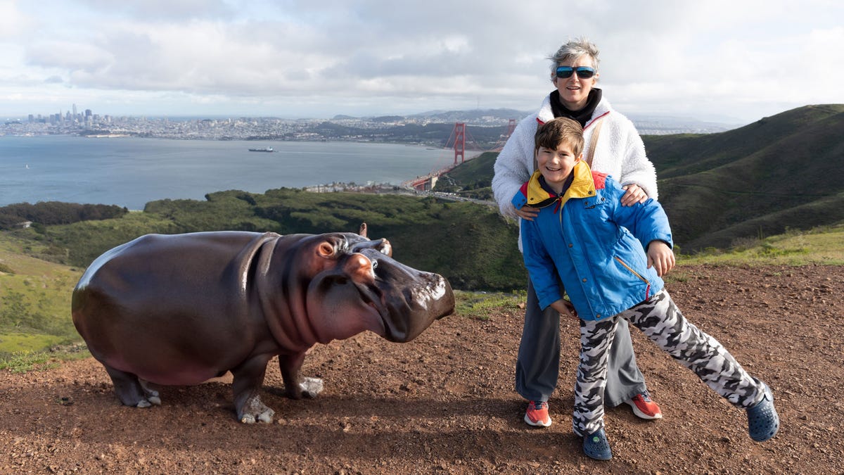 A woman, child and AI-generated hippopotamus standing on an overlook above the Golden Gate Bridge