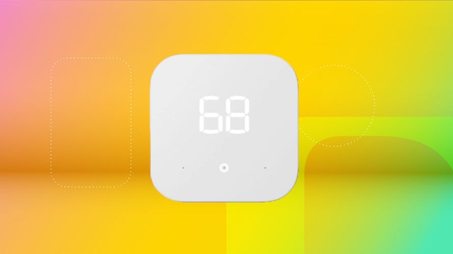 Shows the Amazon Smart Thermostat on a yellow background.