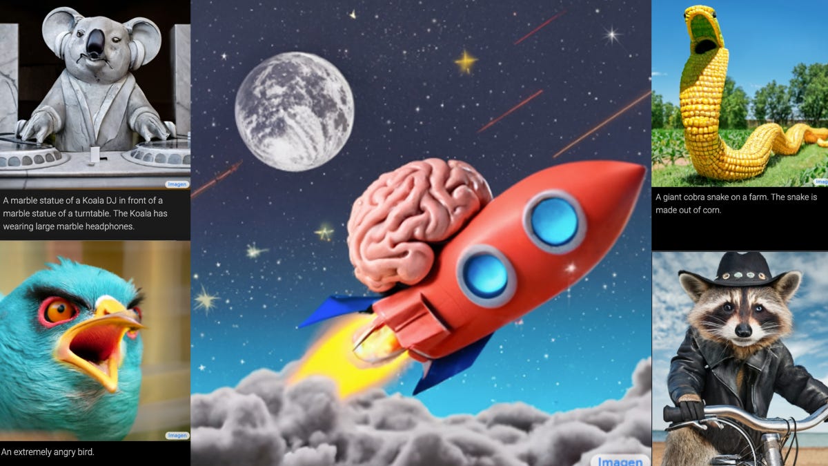 AI generated images from the Imagen text-to-image program, including a brain on a rocket