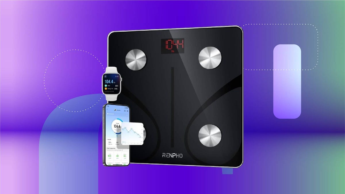 A black smart weight scale, phone and smartwatch against a purple gradient CNET background.