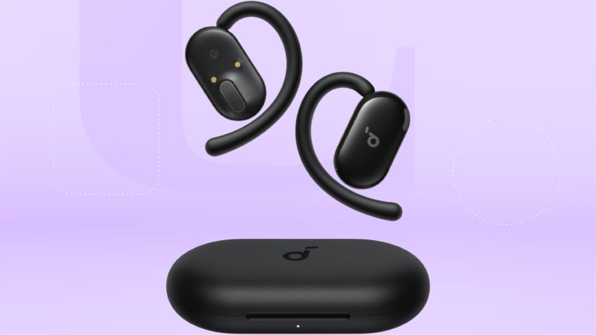 Black over ear earbuds and black case against hot pink, ultramrine and cyan gradient bakground.