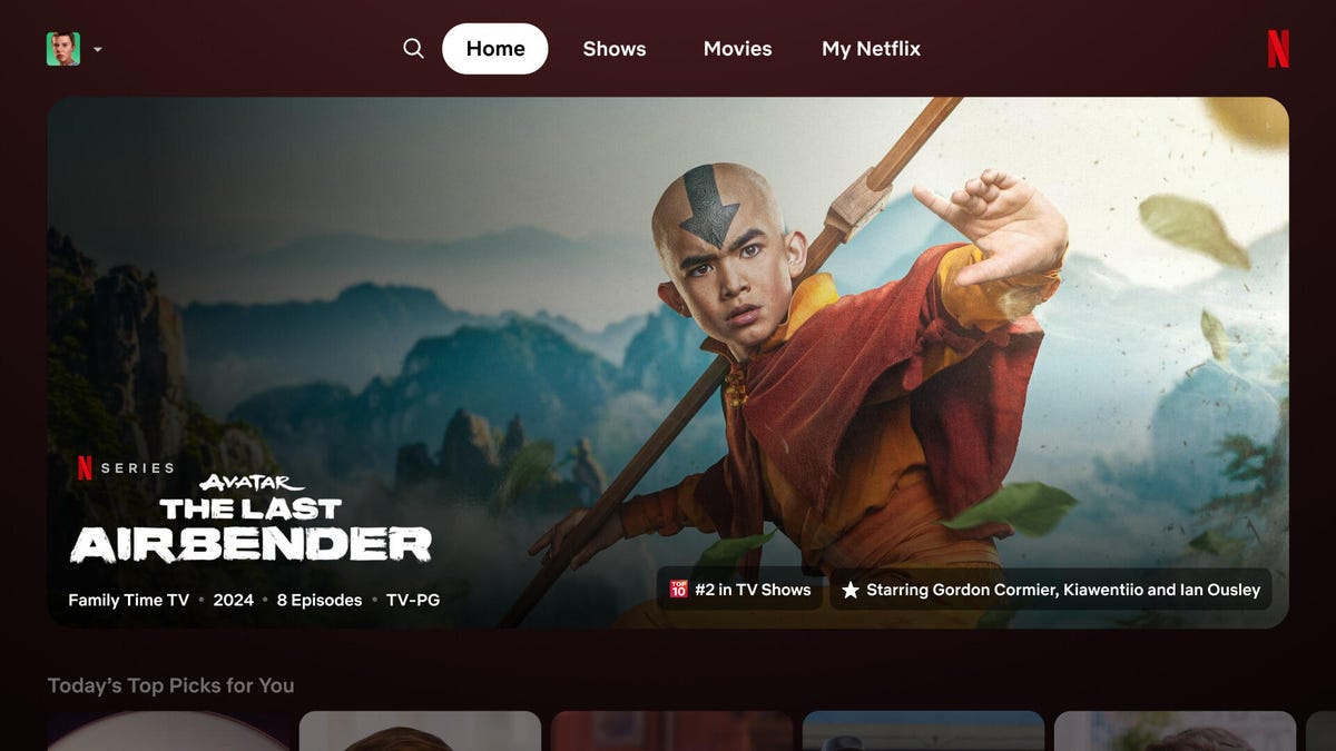 netflix TV home screen showing thumbnail for avatar the last airbender
