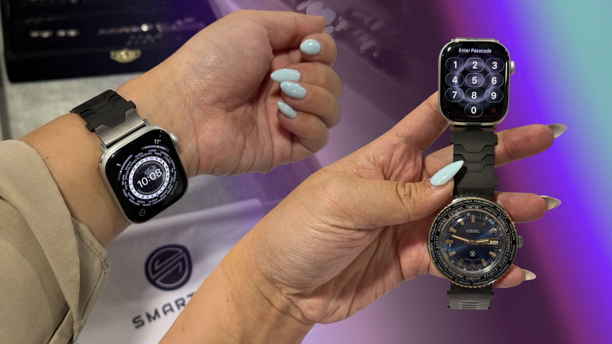 One arm demonstrates the smartwatch side of the Smartlet. Another hand holds a Smarlet that's equipped with an analog watch and smartwatch.