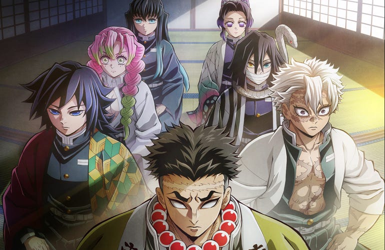 six animated characters sit in line behind sensei in dojo