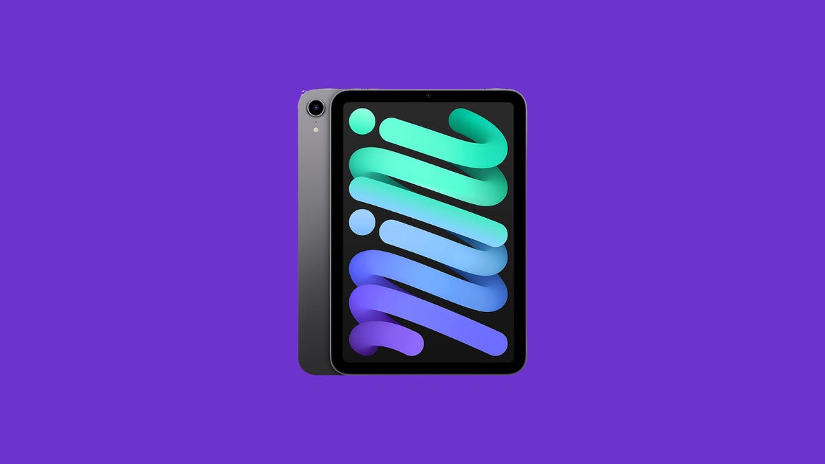 The 2021 iPad Mini is displayed against a purple background.