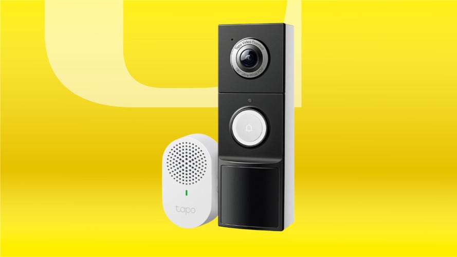 Tapo's D225 doorbell against a yellow CNET background. 