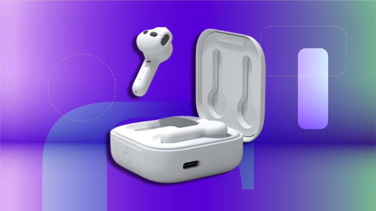 White Amazon Echo Buds on a bright blue background.