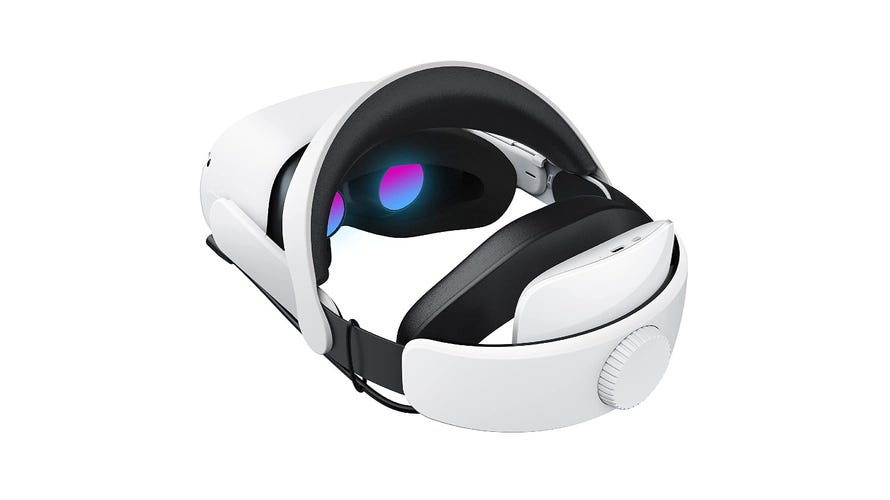 A Meta Quest 2 with a battery on the strap