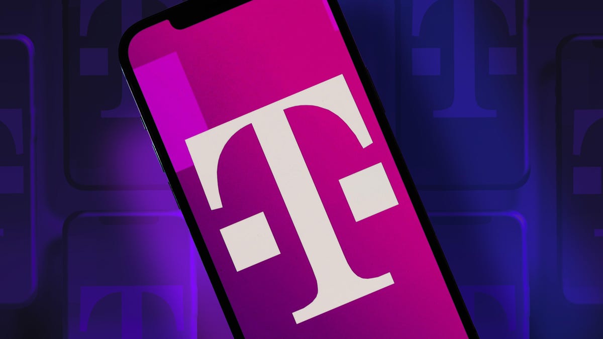 T-Mobile logo on a phone against a gradient purple background.