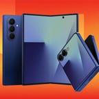 Two blue Samsung foldable phones against an orange CNET background.