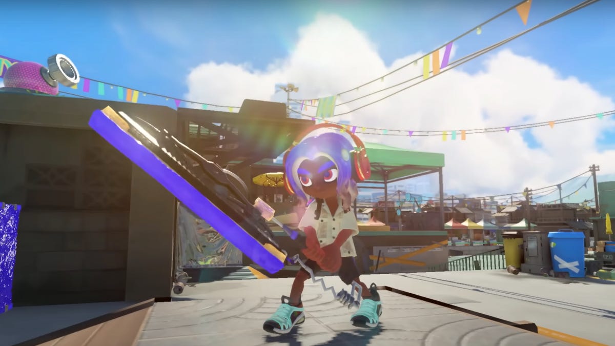A purple Inking wields Splatana Wiper in Splatoon 3
