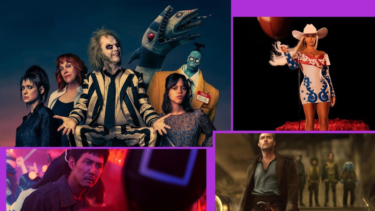 collage of beetlejuice beyonce squid-game and star wars skeleton crew