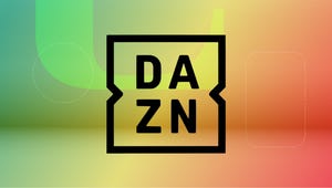 The DAZN logo is displayed against a gradient green, yellow and red background.