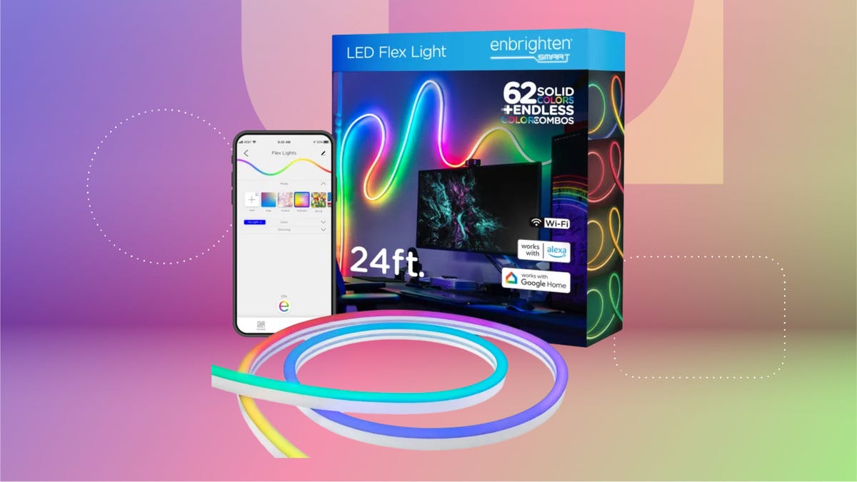 The Enbrighten Vibe indoor/outdoor flex light is displayed against a gradient purple, pink and green background.