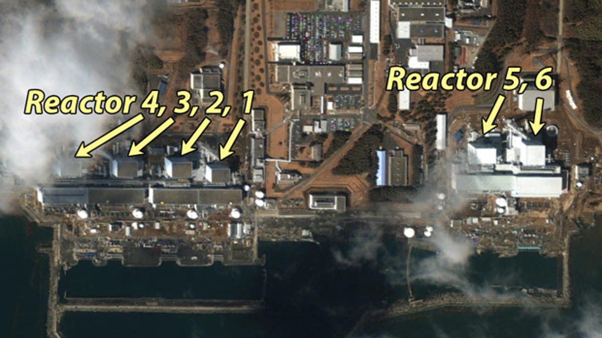 This illustration, based on GeoEye satellite photo viewed through Google Earth, shows the locations of the six Fukushima Daiichi nuclear reactors.