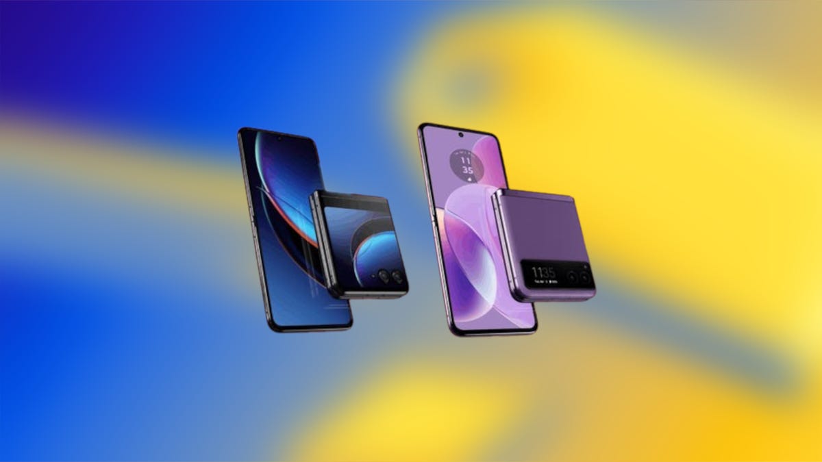 Shows the Motorola Razr Plus on a blue and yellow background.