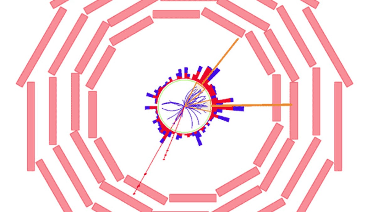 This graphic from the LHC's CMS experiment shows a likely candidate for evidence that the LHC has seen a pair of top quarks, heavy and short-lived particles first seen in 1995.