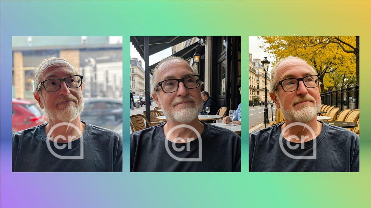 Three images of a man with three different backgrounds behind him. The "CR" content credentials symbol is superimposed over each photo.