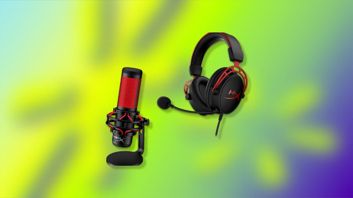 Black and red HyperX Cloud Alpha gaming headphones paired with a black and red QuadCast microphone on a green CNET background