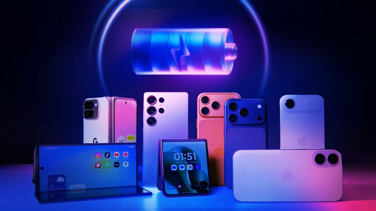 A group of phones bathed in purple light beneath a glowing oversized battery icon.