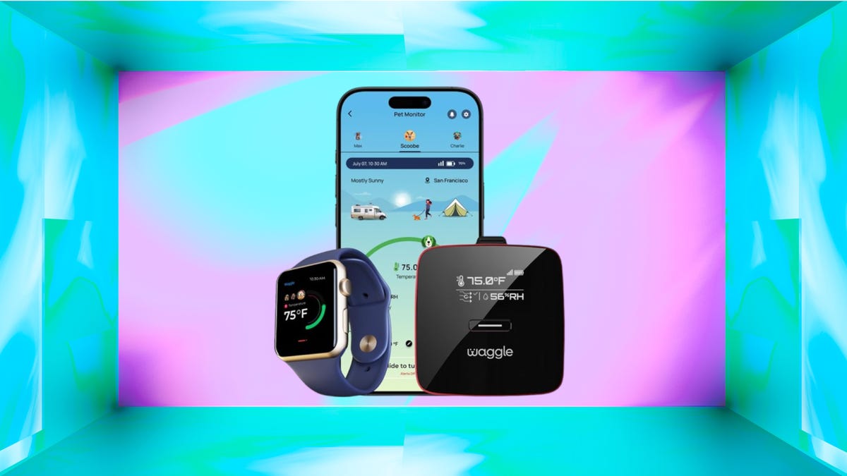 Waggle 4G temperature sensor shown with a smartphone and smartwatch on a blue background