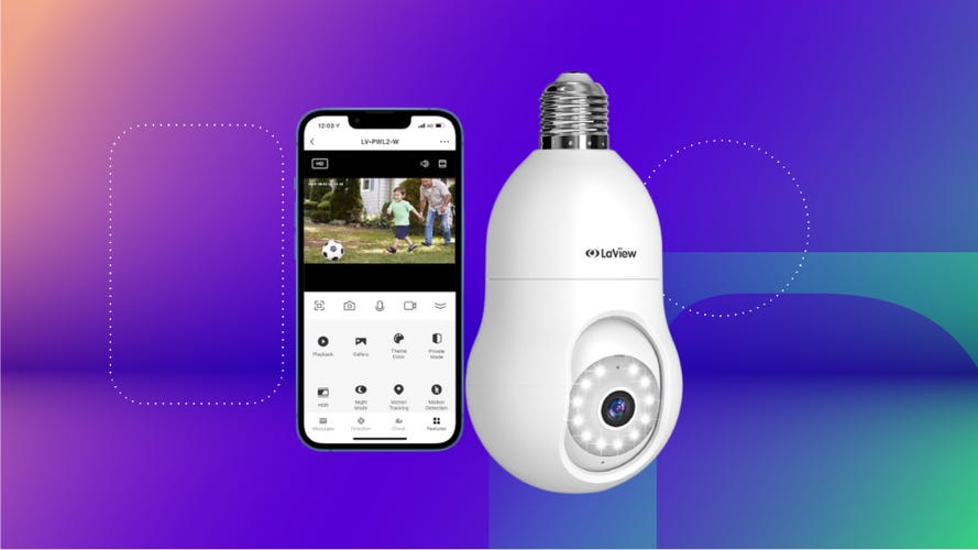 LaView security camera bulb and app against CNET background.