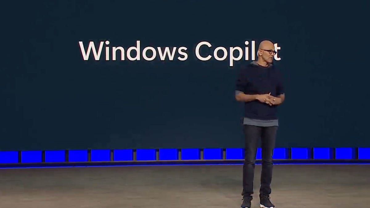 A screenshot of Microsoft CEO Satya Nadella announcing the AI-powered Windows Copilot at Build 2023