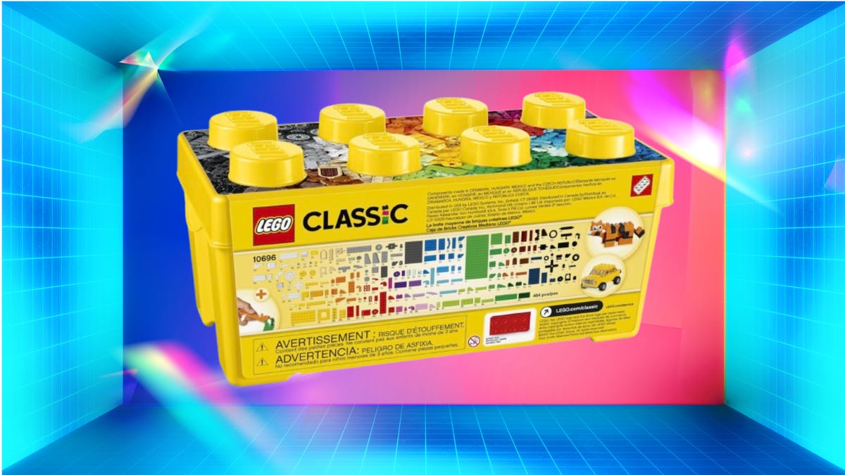 Yellow giant LEGO box with bricks inside. Background: cyan, pink, purple and blue.