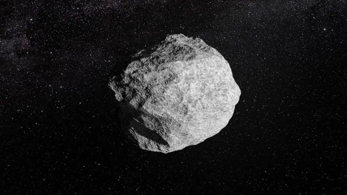 Illustration of round, gray, rocky asteroid against star-spangled dark space.