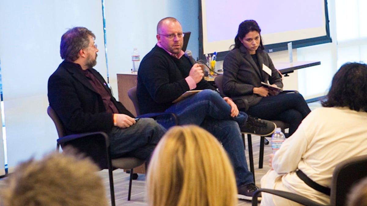 Kurt Opsahl of the EFF, Geoffrey Clapp of Rock Health and Kenesa Ahmad of the Future on Privacy Forum speaking at the App Privacy Summit at CNET.