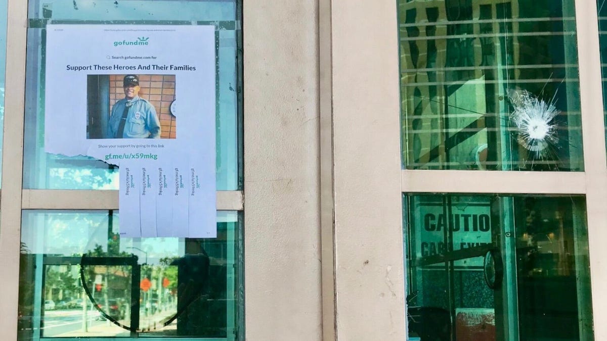 Window with bullet hole in the guard booth where Patrick Underwood was working