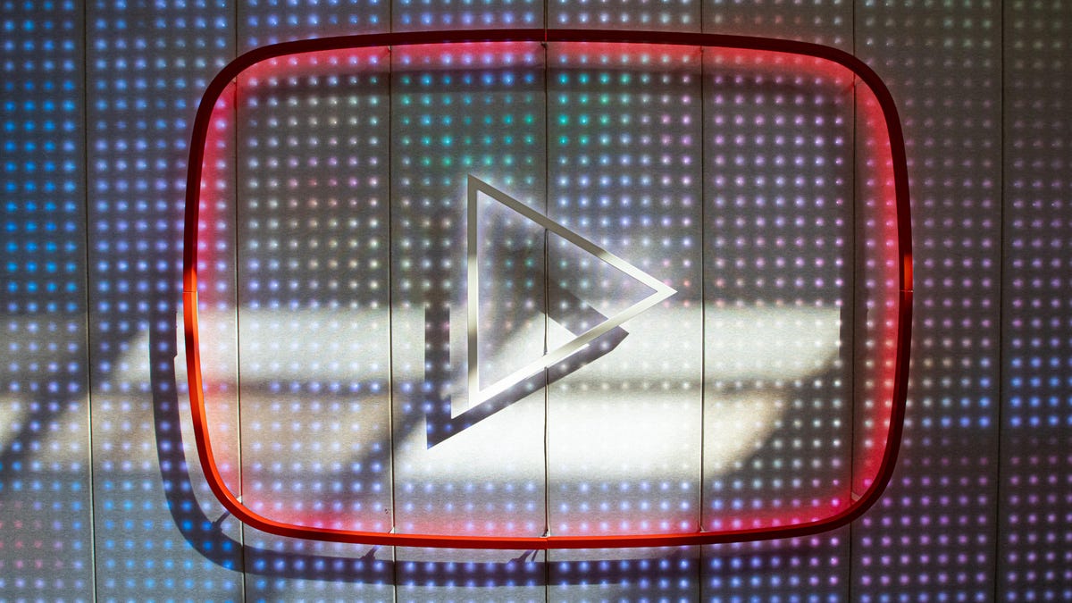YouTube logo on a wall at the company's headquarters