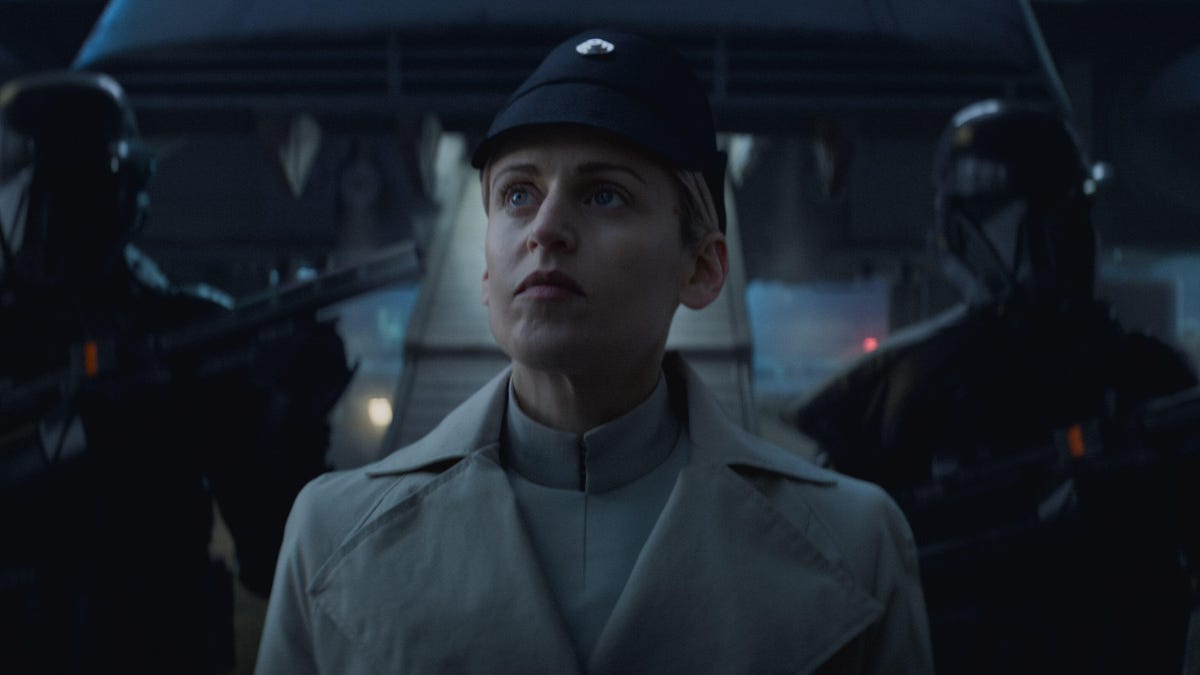 Dedra Meero leads a pair of death troopers out of an Imperial shuttle in Andor