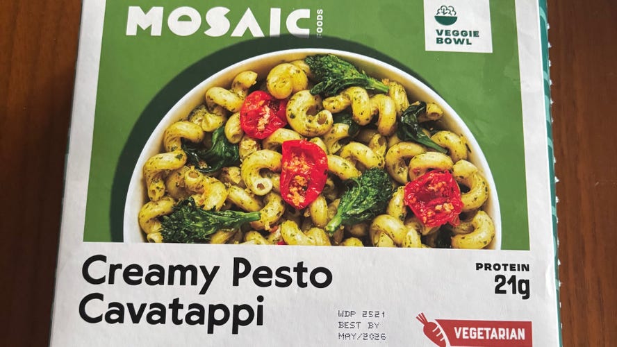 Mosaic Foods Creamy Pesto Cavatappi packaging on wood table.