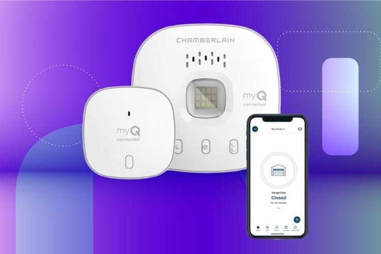 Chamberlain's retrofit smart garage door against an aqua CNET background