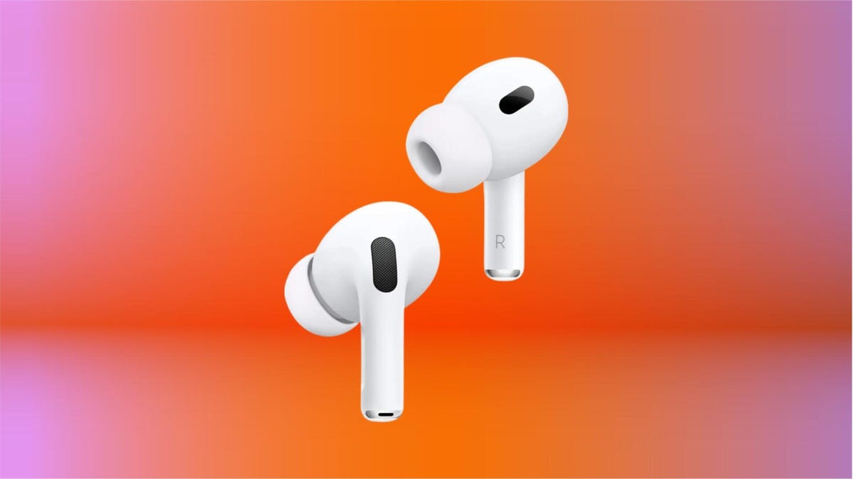 Apple AirPods Pro 2 earbuds on orange background