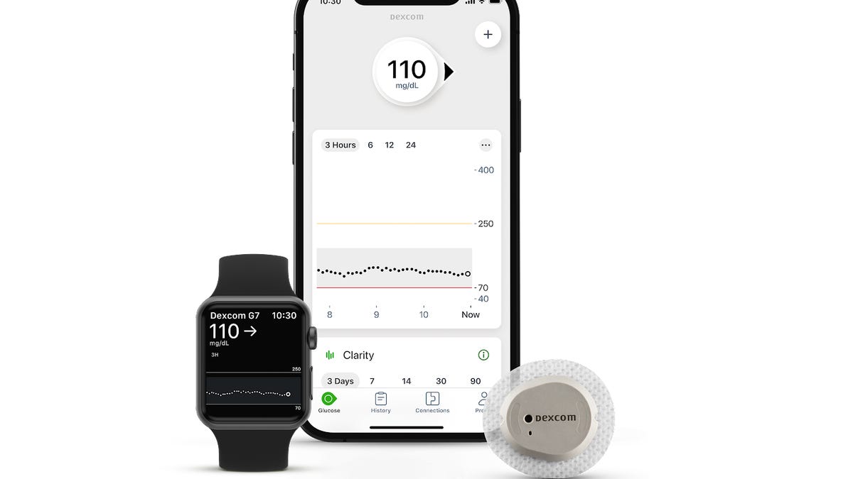 Dexcom G7 with Apple watch and iPhone against a gray background