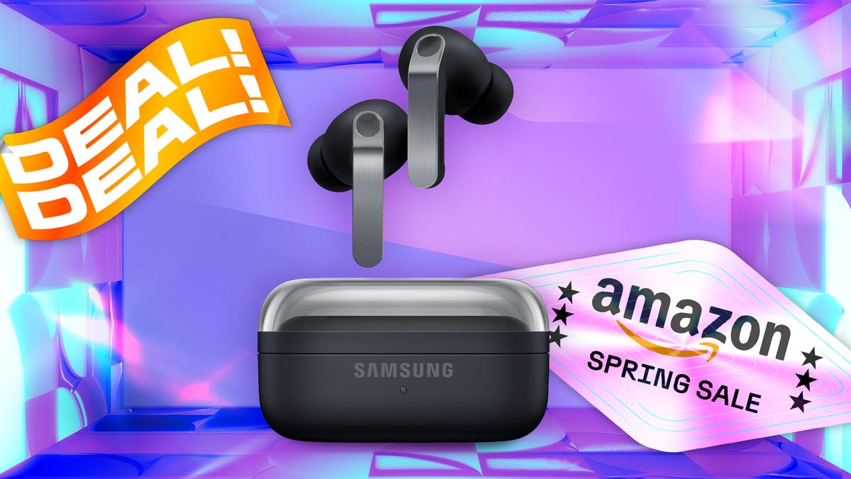 The Samsung Galaxy Buds 4 Pro earbuds and an Amazon gift card are shown against a gradient orange and yellow CNET background.