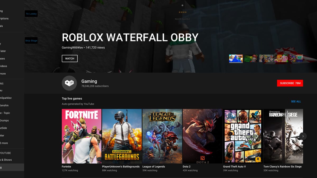 Screenshot of YouTube's new gaming interface, with tiles of videos on a black background